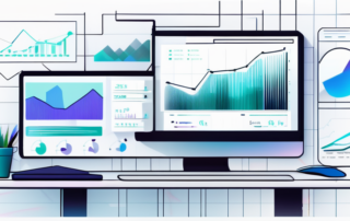 Moderner Arbeitsplatz mit Computerbildschirm, der Analysediagramme und SEO-Performance-Metriken zeigt.